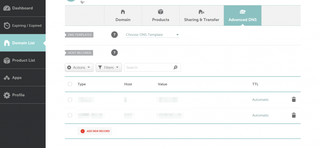 Namecheap's host records table